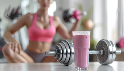 Naklejka premium Composition with metal dumbbell, protein shake and blurred woman on background
