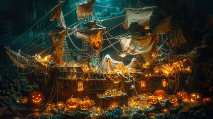 Spooky Shipwreck with Jack-o'-Lanterns and Ghosts