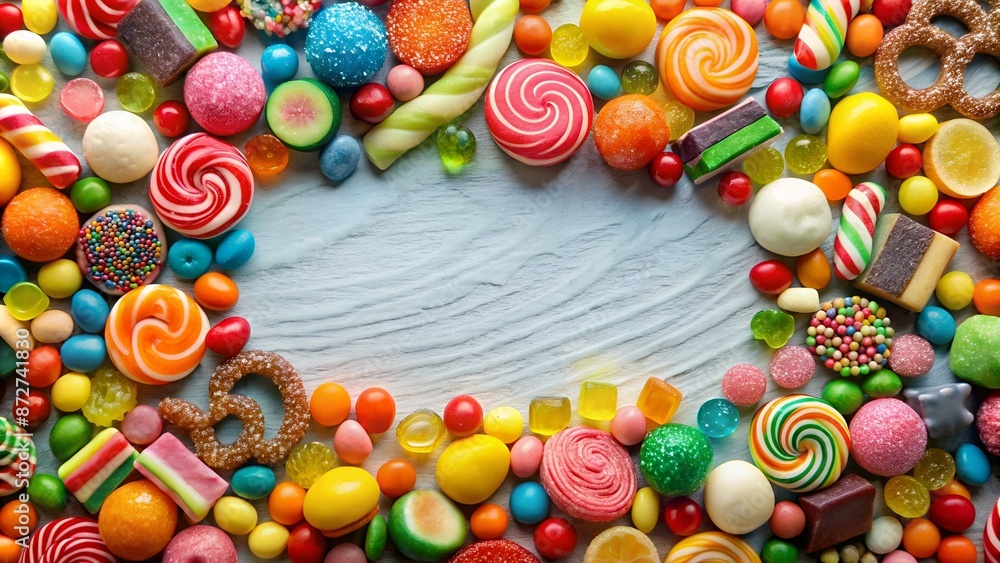 Wall mural Candy and sweets in copy-space background concept, big blank space. Place to adding text blank copy space. Fizzy Candy Fun