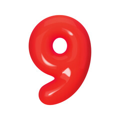 3D red number 9 isolated on white background. Three-dimensional Vector illustration digit nine for holidays, birthdays and discounts. Bright and realistic design, perfect for greetings and festivities