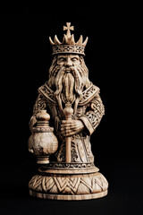 Obraz premium Majestic Wooden King Chess Piece on Black Background - Symbolizing Leadership and Strategy - Generative AI