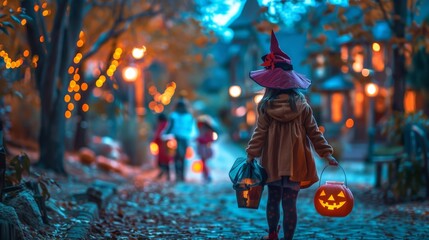 Fototapeta premium Little Witch Walking Through Festive Halloween Night