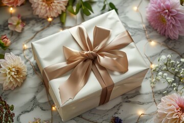 A beautifully wrapped gift box with a satin ribbon, sitting on a marble countertop surrounded by flowers and fairy lights.