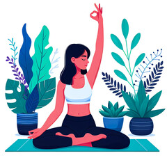Vector illustration of a young woman doing yoga exercises with a calm mood on a white background.