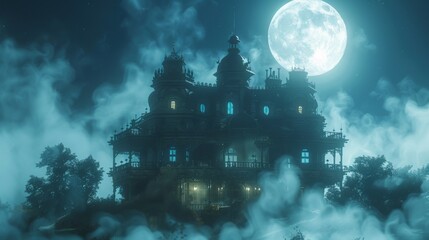 Spooky Victorian Mansion Under a Full Moon