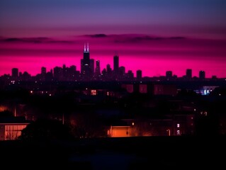 Fototapeta premium Mesmerizing Neon-Lit City Skyline at Dusk with Compressed Perspectives and Iconic Landmarks