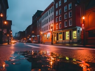 Neon-lit Rainy City Street with Wet Pavement Reflections and Dramatic Atmosphere