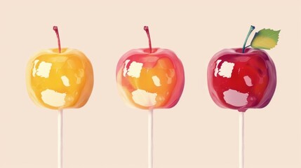 Obraz premium Three Candy Apples On Sticks Against A White Background