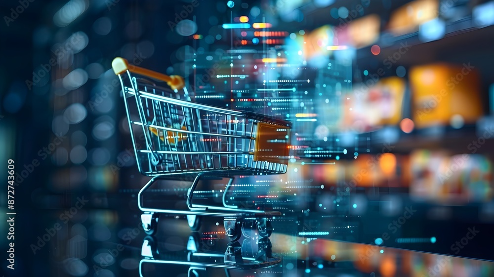 Poster digital shopping cart with products reflecting the convenience of e commerce transactions