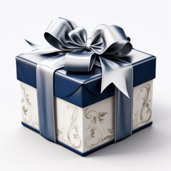 elegant gift box with fine silver ribbon navy blue wrapping paper , generated by AI. High quality photo