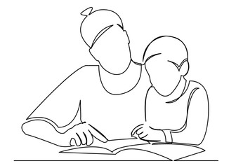 continuous single drawn one line mom makes lessons with her son hand-drawn picture silhouette. Line art. doodle