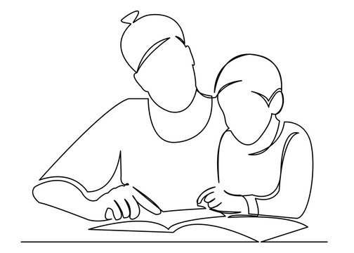 recommend clip art: continuous single drawn one line mom makes lessons with her son hand-drawn picture silhouette. Line art. doodle