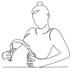 continuous single drawn one line pregnant woman listening to music with a baby in the womb hand-drawn picture silhouette. Line art. doodle