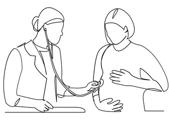 continuous single drawn one line doctor examines pregnant woman hand-drawn picture silhouette. Line art. doodle