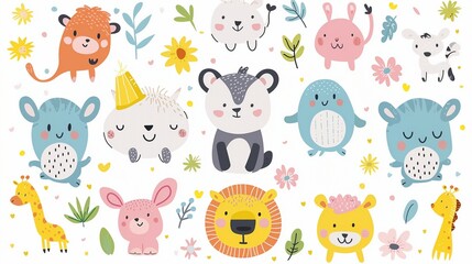 Seamless Illustration in cartoon style of funny animal faces on a white background