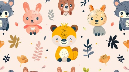 Fototapeta premium Seamless Illustration in cartoon style of funny animals on a light background