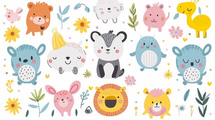 Fototapeta premium Seamless Illustration in cartoon style of funny animals on a light background