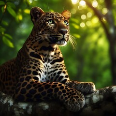 Obraz premium Serene Wild Leopard Resting on Branch Against Savannah Landscape