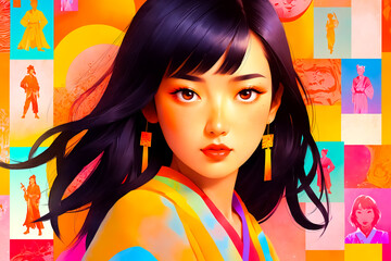 Obraz premium Beautiful Asian Woman with Long Black Hair and Colorful Background