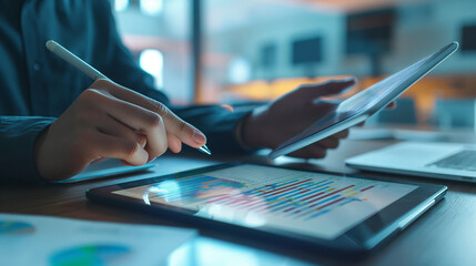 A professional analyzing financial data with graphs and charts on a tablet, seated at a modern office desk.