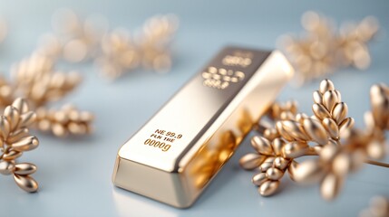 A gold bar with a rich, luxurious luster is placed on the left side of the image, against an empty background of soft ivory hue. The light-toned backdrop casts subtle reflections on the gold bar,