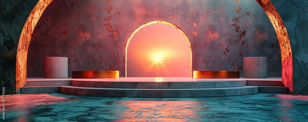 Poster abstract architectural scene with illuminated archway and colorful lighting effects