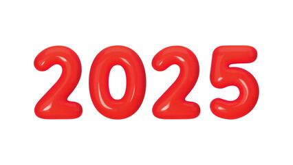 Three-dimensional red number 2025 on white background. 3d Vector illustration for holidays, New Year and events. Bright, realistic design, perfect for greetings and festive decorations