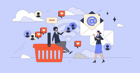 Personalized email marketing campaigns tiny person neubrutalism concept. Mail letter automation for effective customer communication vector illustration. Digital advertisements and newsletter offers.