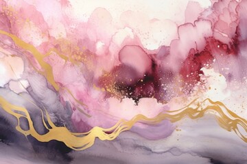 Abstract watercolor marble background in pink, black, white and gold colors.
