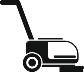 Black and white icon of a lawn mower cutting grass, a useful tool for gardening and lawn care