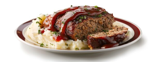 A serving of homemade meatloaf topped with a tangy tomato glaze, served with mashed potatoes. Isolated on pure white background