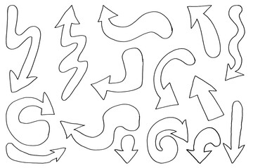 Set of hand drawn arrows with curvy lines. Colorful dry brush strokes with grunge. Hand drawn isolated wavy pointers.