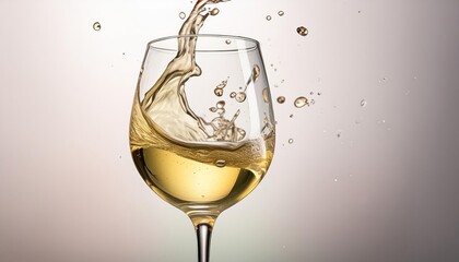 Focus on realistic glass with falling white wine on white background , generated by AI. High quality photo