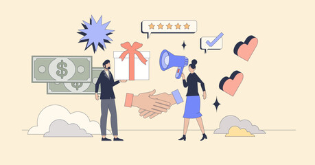 Referral marketing campaign with promotions tiny person neubrutalism concept. Effective advertising form that encourages customers to recommend services or products to others vector illustration.