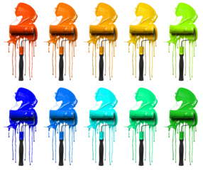 Set collection of roller paint brush with dripping smear splash colours of yellow, orange, mustard, turquoise, blue, green, lime on transparent cutout PNG file. Mockup template for artwork design