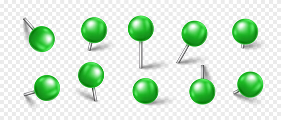 Vector 3D green pin with shadow isolated on transparent background. Set of realistic plastic round thumbtack in different angles.