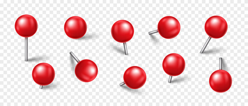 Vector 3D red pin with shadow isolated on transparent background. Set of realistic plastic round thumbtack in different angles.