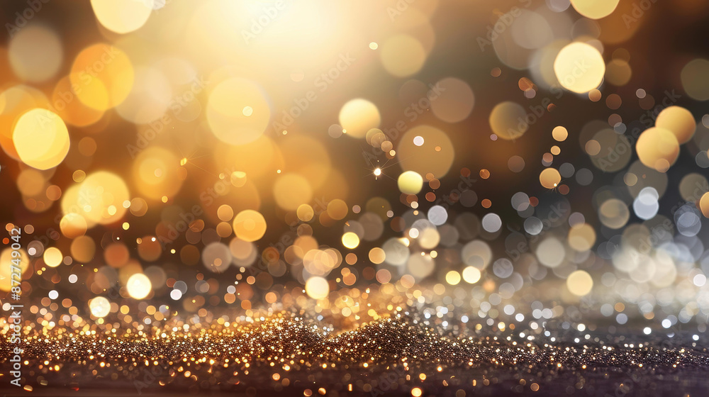 Poster shimmering abstract gold bokeh light background for design projects.