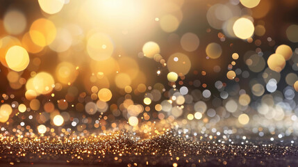 Shimmering abstract gold bokeh light background for design projects.