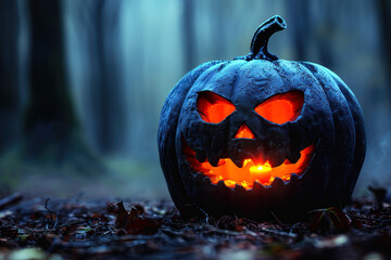 A menacing carved pumpkin with glowing eyes and mouth sits on the forest floor at night, surrounded by mist and fallen leaves, creating a chilling Halloween atmosphere