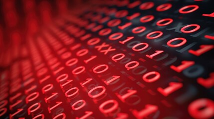 Intriguing abstract red background with binary code representing data breaches, malware, cyber attacks, and hacking.