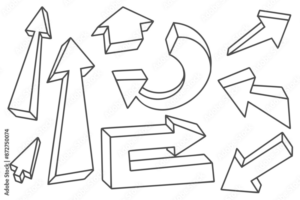 Poster hand drawn vector doodle arrows set. pencil line sketch on white background. curve design elements. 