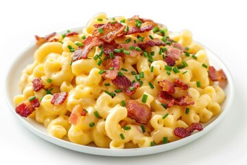 A serving of creamy mac and cheese topped with crispy bacon bits and fresh chives. Isolated on pure white background