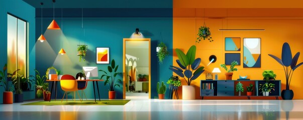 Modern Interior Design with Green Plants and Blue Walls