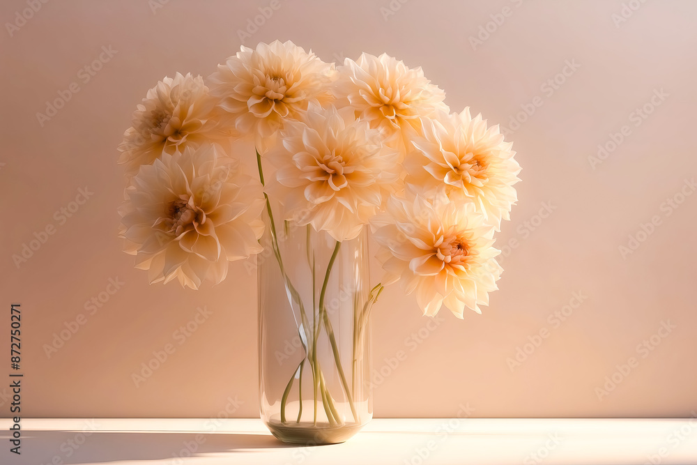 Canvas Prints White Dahlia Bouquet in Glass Vase on Pastel Background