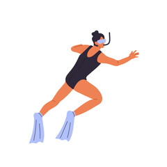 Woman in goggles, flippers swimming underwater. Swimmer goes scuba diving. Diver with snorkel is undersea, observes sea. Freediving in water. Flat isolated vector illustration on white background © Paper Trident