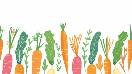 Colorful Carrots and Greens Horizontal Border Illustration, Flat design, copy space