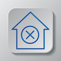 Deny, house simple icon. Flat desing. Paper cut design. Cutted blue symbol with shadow. Gray badge button, gray background