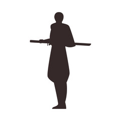 Ninja man warrior with sword standing black silhouette vector, Japanese fighter, ninjutsu martial art training practice