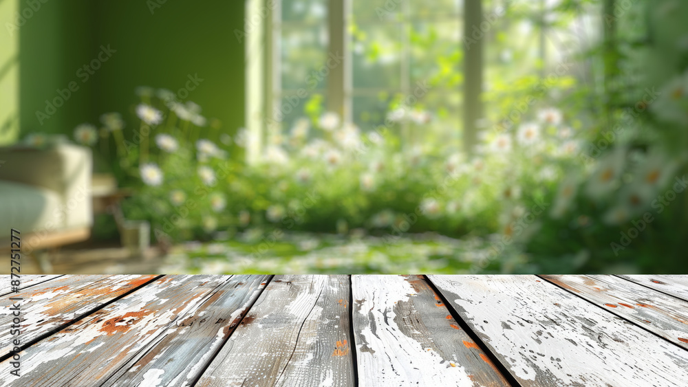 Poster empty wood table top with blur background of window with home garden view. the table giving copy spa